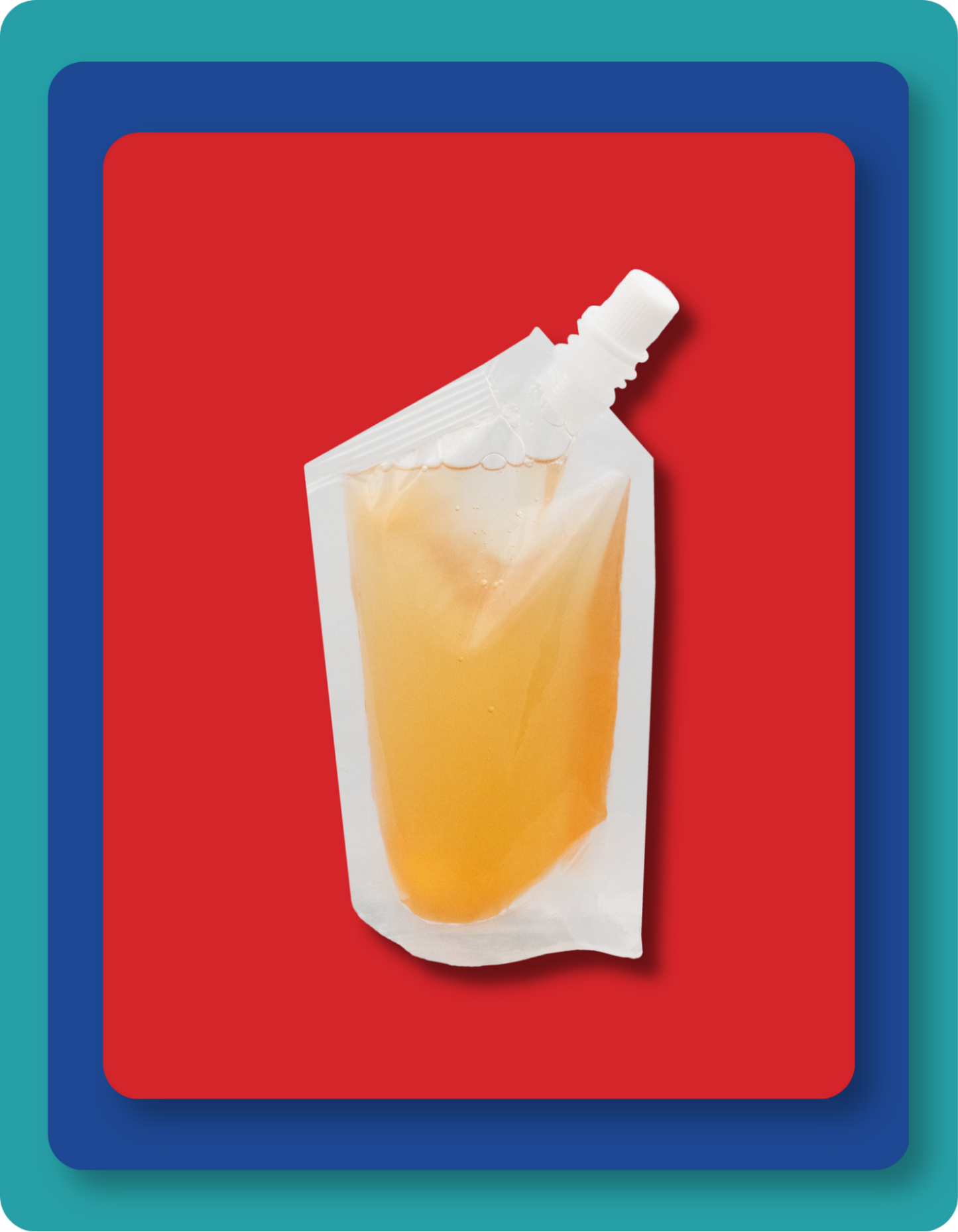 A flexible white squeeze pouch filled with amber-yellow liquid soap, shown against a red background with a blue and teal border.