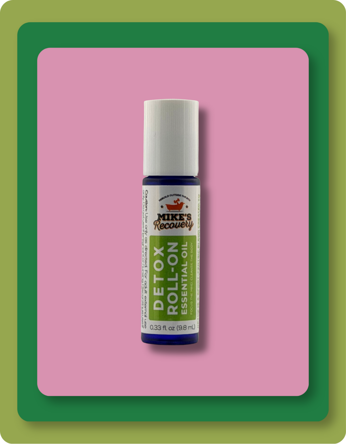 Mike's Recovery Detox Blend Essential Oil roll-on bottle, featuring a white cap and a label with green, white, and dark blue sections, set against a pink background with a green border.