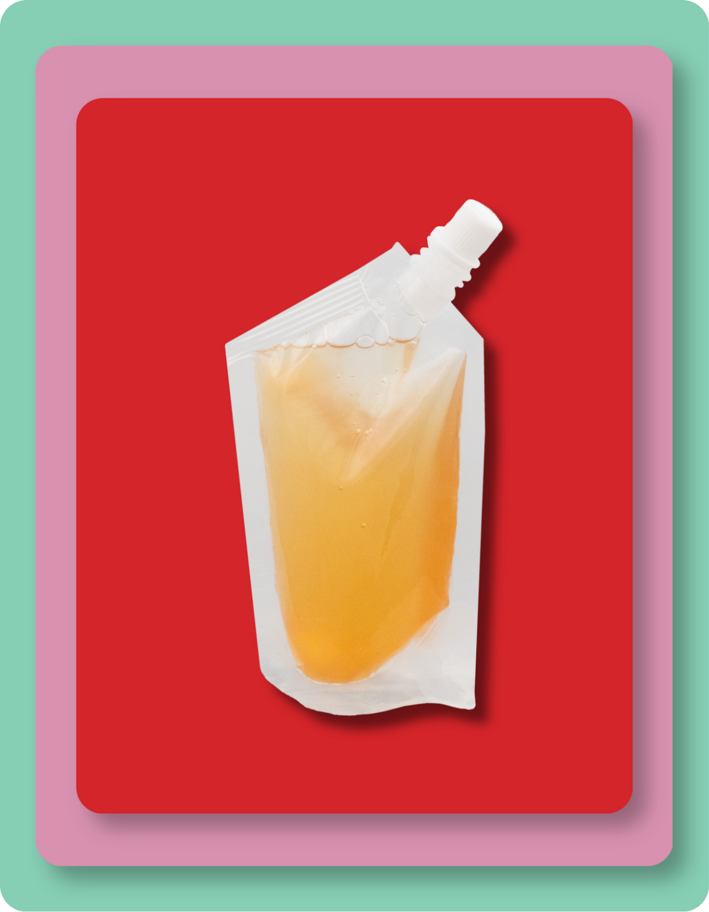 A flexible stand-up pouch filled with amber-liquid Hand and Body Soap, shown on a red background with layered pink and mint-green border frames.
