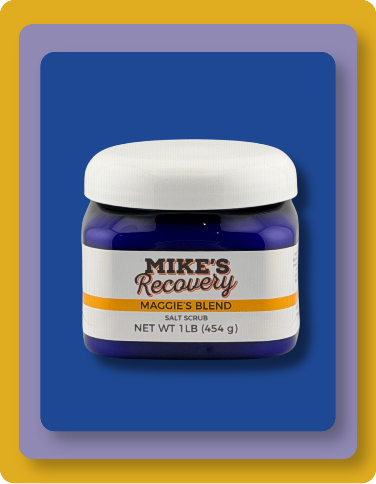 A jar of Mike's Recovery Salt Scrub, Maggie's Blend, featuring a white cap and a white label with orange and brown text, set against a blue background with a yellow border.