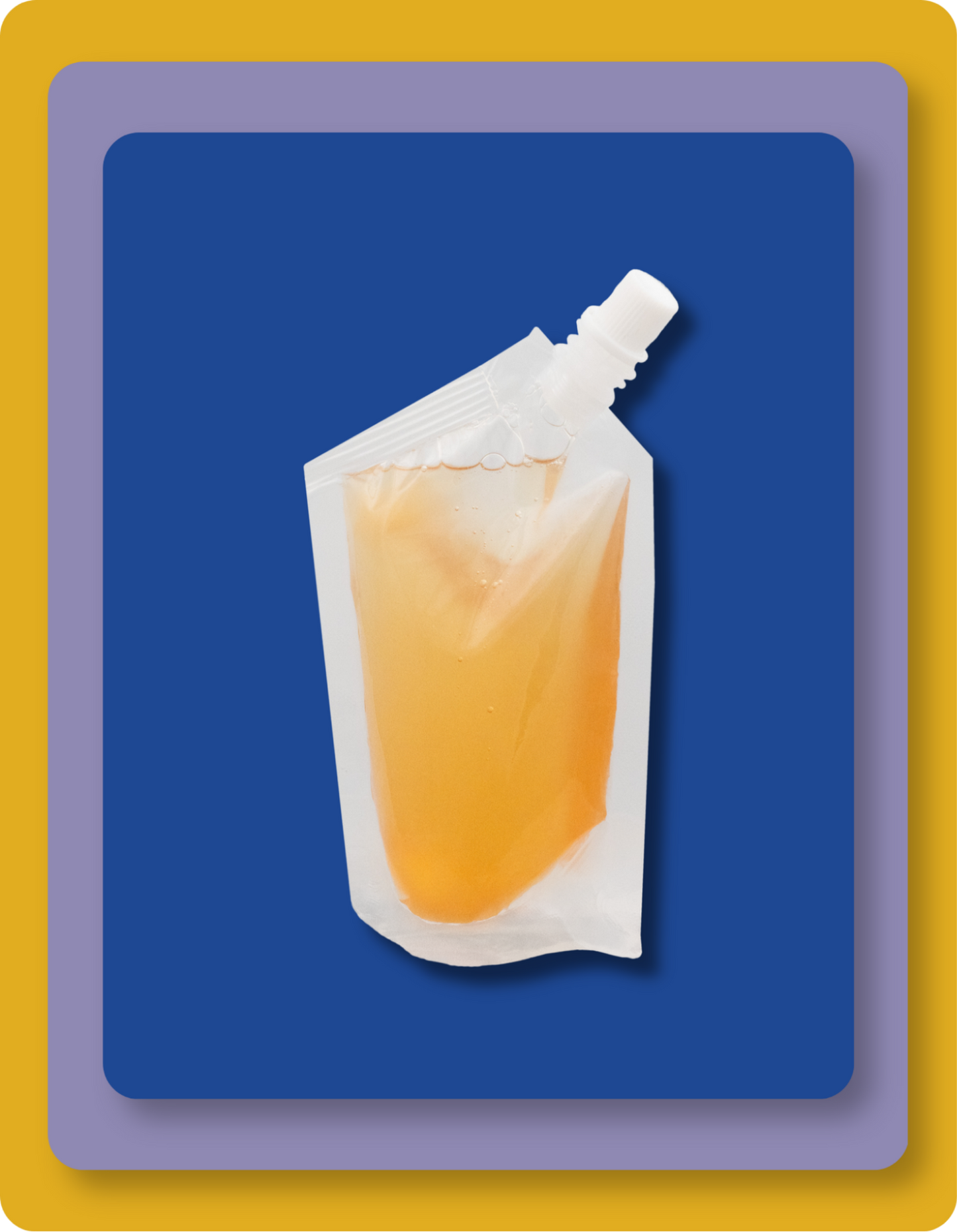 A flexible white pouch filled with amber-orange liquid soap shown against a dark blue background with layered purple and yellow border frames.