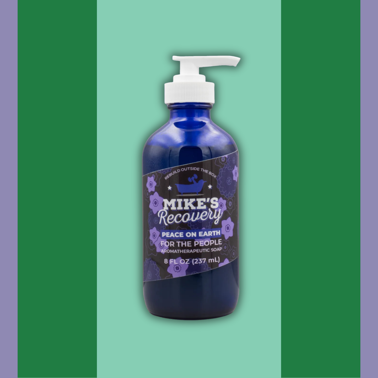 Bottle of Mike's Recovery soap in the Peace on Earth blend