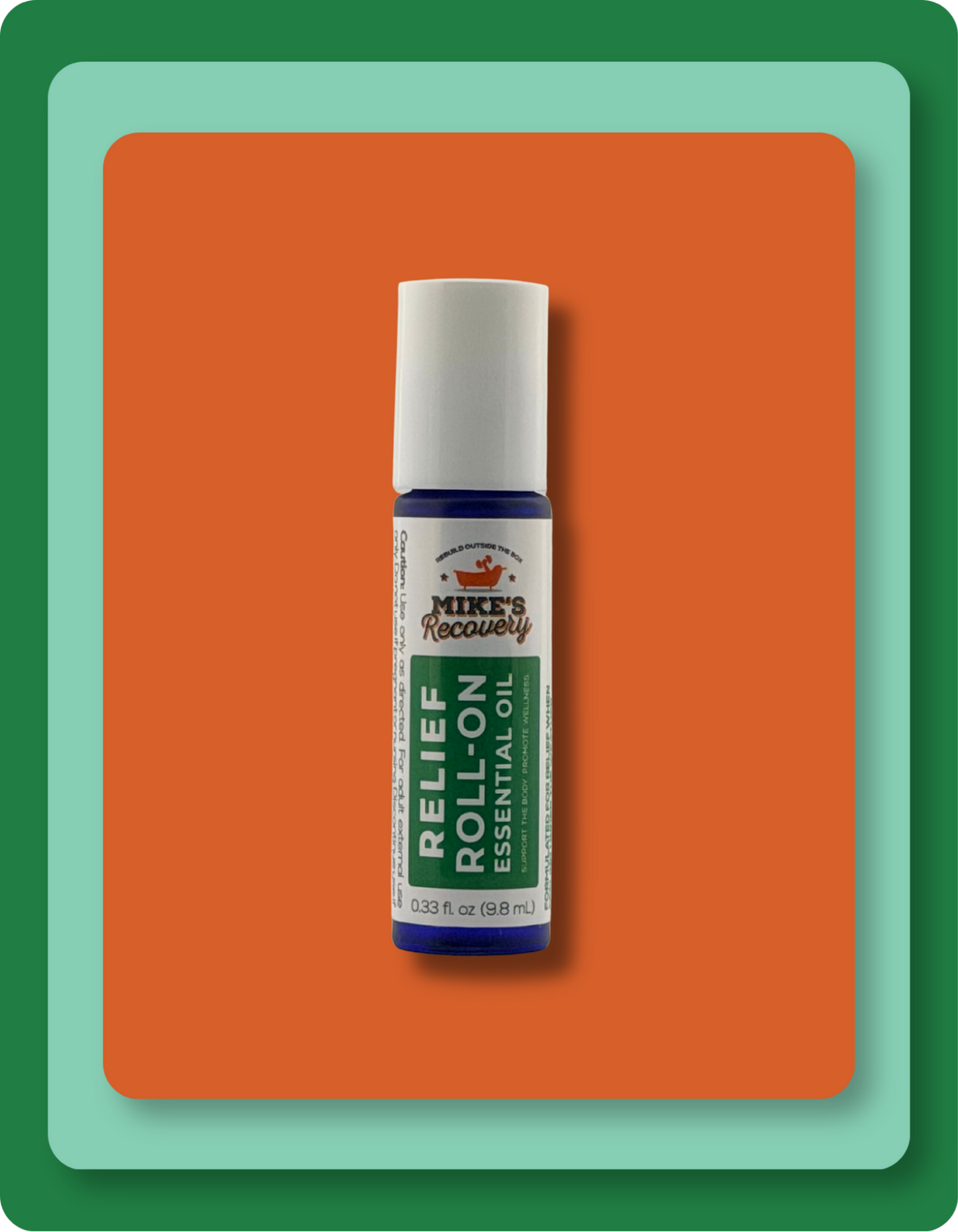 A Mike's Recovery Relief Roll-On essential oil bottle with a white cap, blue base, and white/green label, centered on an orange square background with green and teal layered borders.