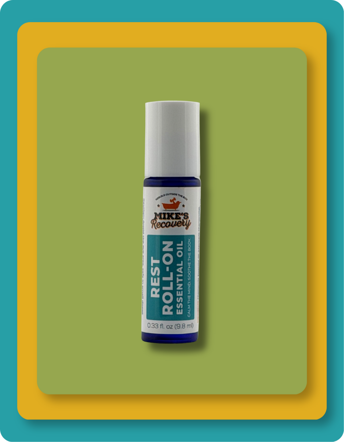 A small essential oil roll-on bottle labeled Mike's Recovery Rest Roll-On Essential Oil, centered on a green rounded rectangle with a yellow-orange border.