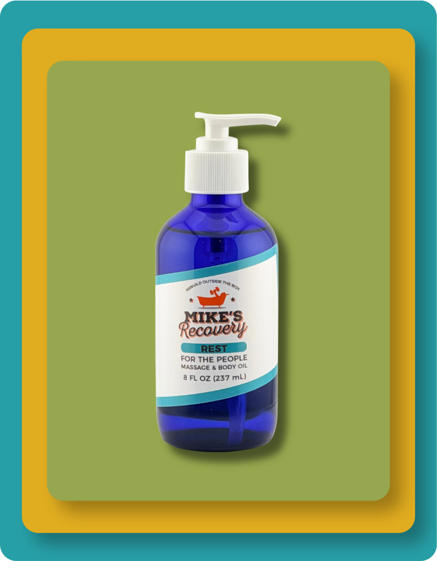 A blue pump bottle of Mike's Recovery Rest massage and body oil, centered on a green background with yellow and teal border frames.