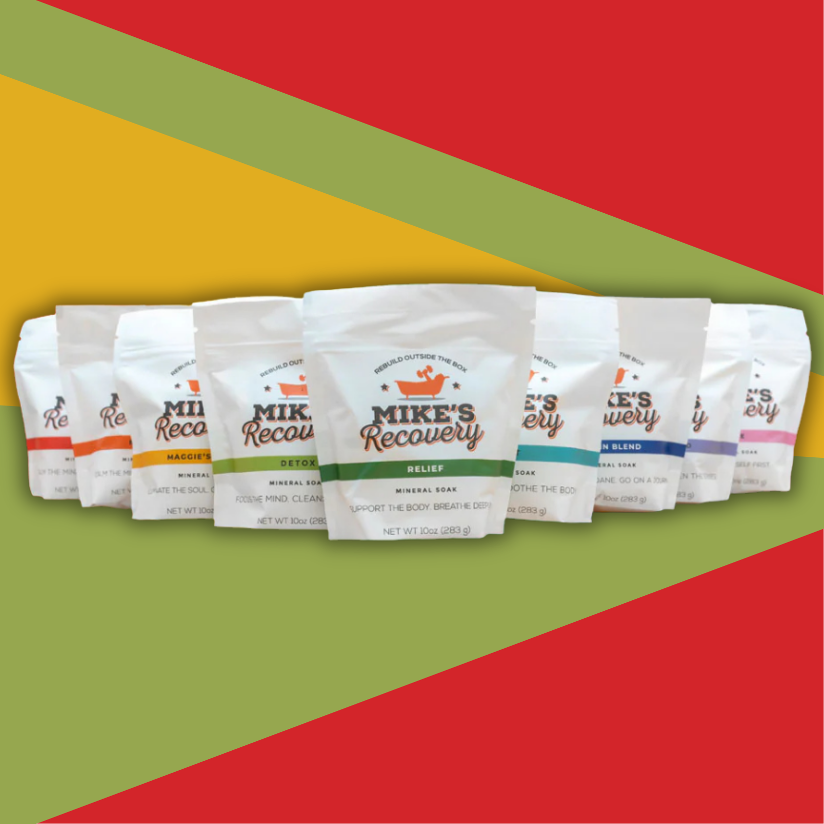 Collection of 10oz bags of Mike's Recovery bath soaks