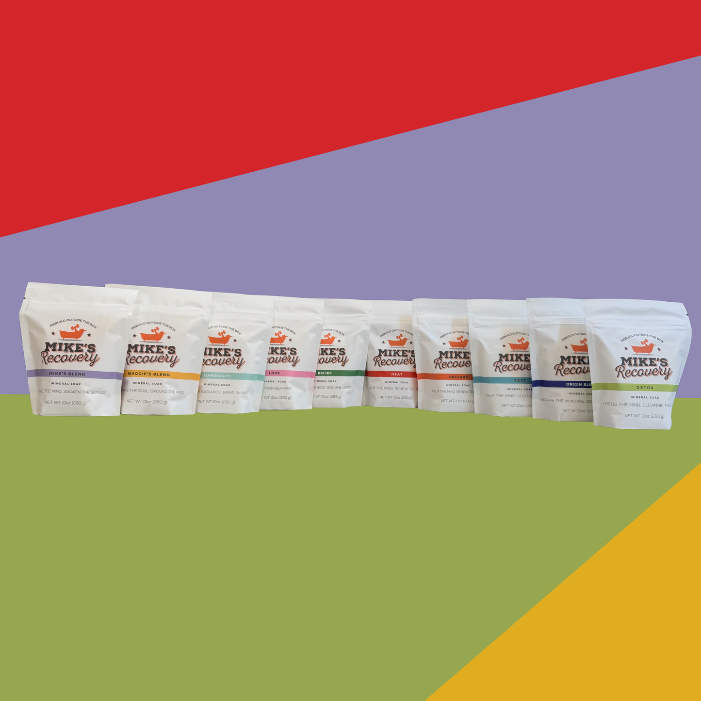 Row of all 'Mike's Recovery’ 10oz mineral soak packets on a colorful geometric background