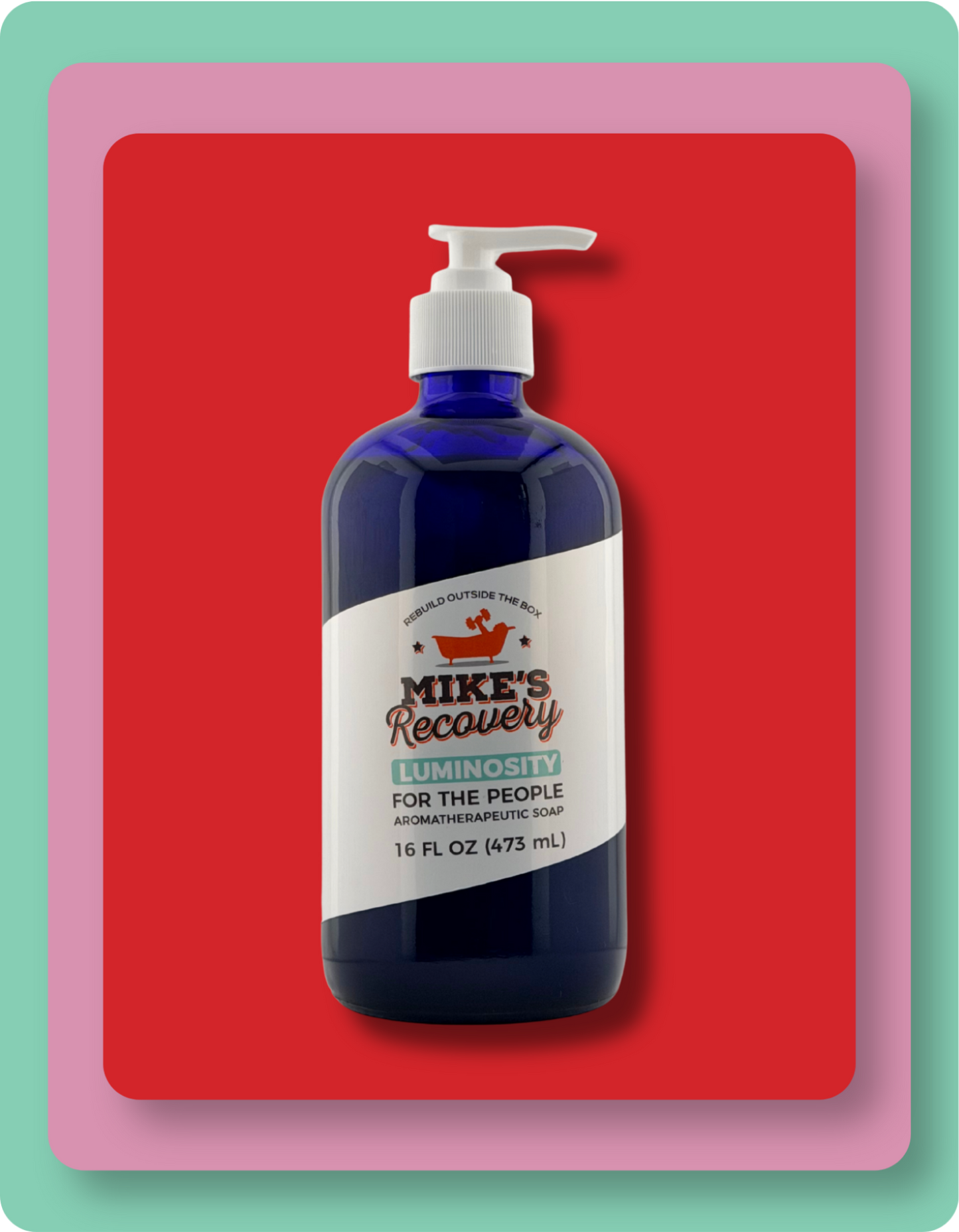 A 16 fl oz dark blue pump bottle of Mike's Recovery Luminosity Hand and Body Soap, set against a red background with a pink and mint green border.