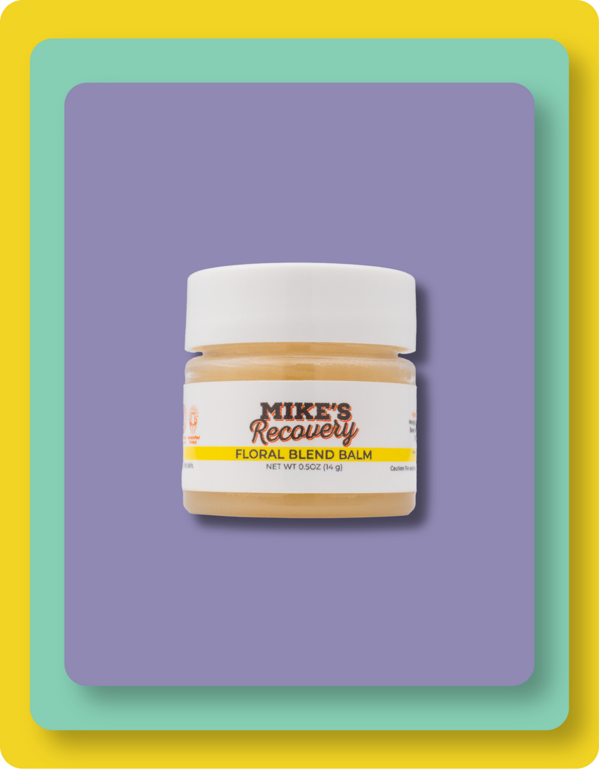 A small jar of Mike's Recovery Floral Blend Balm with a white lid and white label, centered on a purple rounded rectangle with a yellow and mint border.