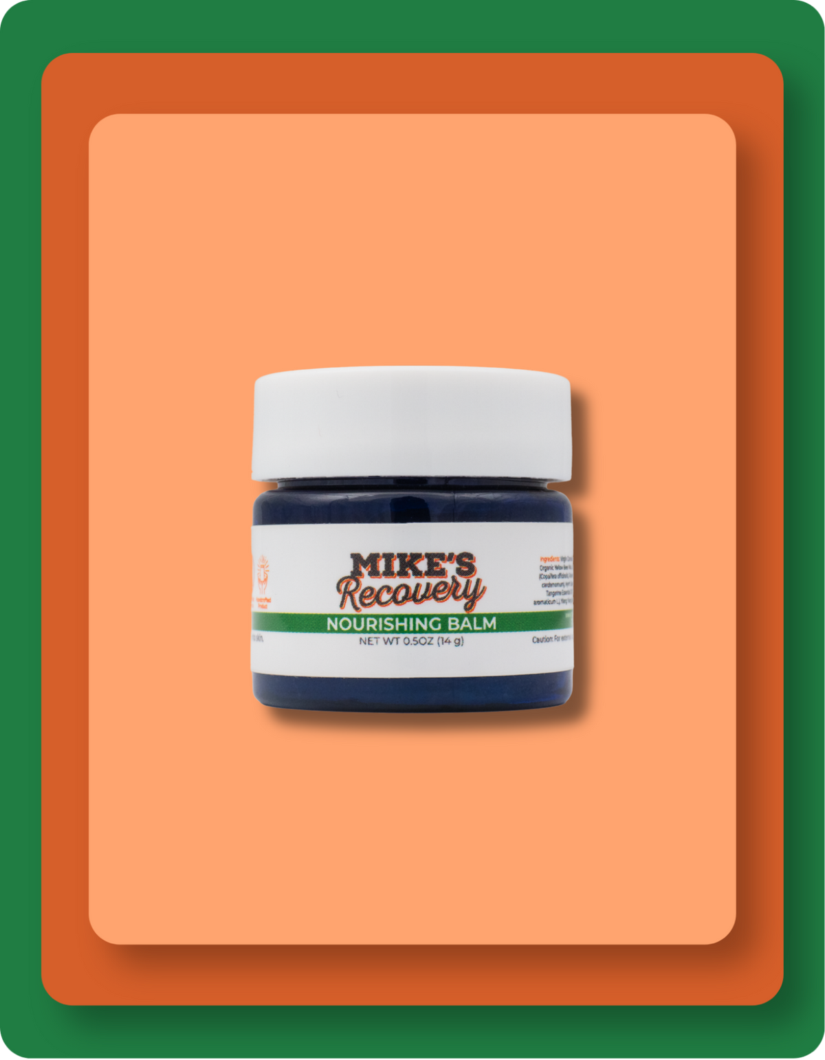 A small jar of Mike's Recovery Nourishing Balm with a white cap and a dark blue container, centered on a peach-colored rounded square with a green border.