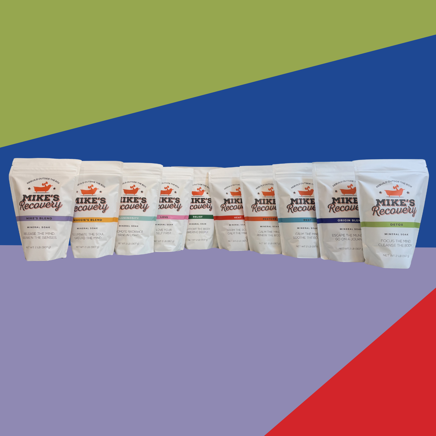 Row of all 10 Mike's Recovery 2lb mineral soak product packages on a colorful geometric background