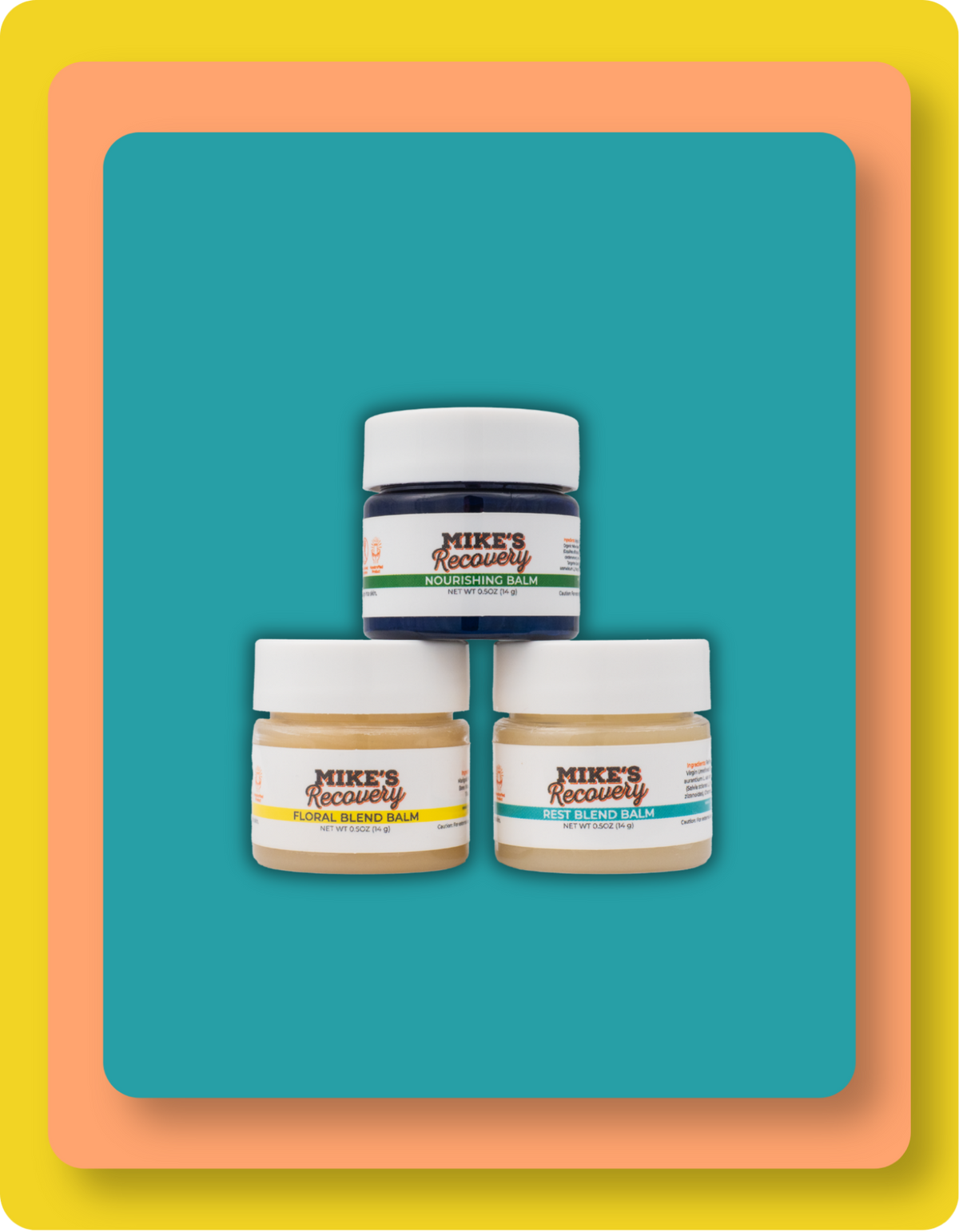 Three small jars of Mike's'Recovery' colored pastes arranged in a pyramid on a teal background with orange and yellow border frames.