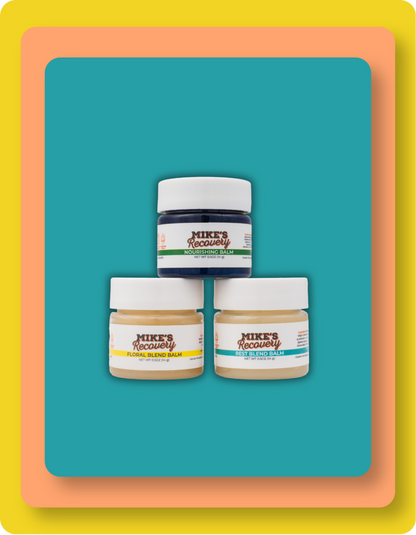 Three small jars of Mike's'Recovery' colored pastes arranged in a pyramid on a teal background with orange and yellow border frames.