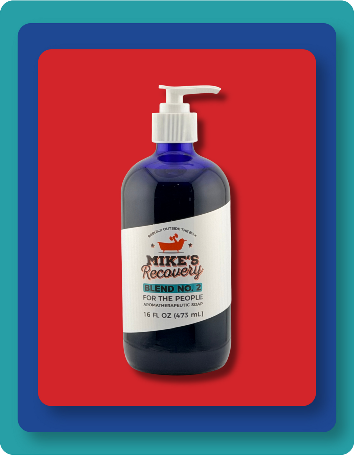 A 16 fl oz dark blue pump bottle of Mike's Recovery Blend No. 2 Natural  Soap, set against a red background with a blue and teal border.