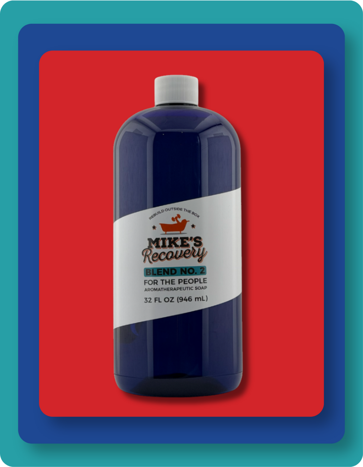 A 32 fl oz bottle of Mike's Recovery Blend No. 2 Aromatherapeutic Soap, featuring a dark blue bottle and white label, set against a red background with a blue and teal border.