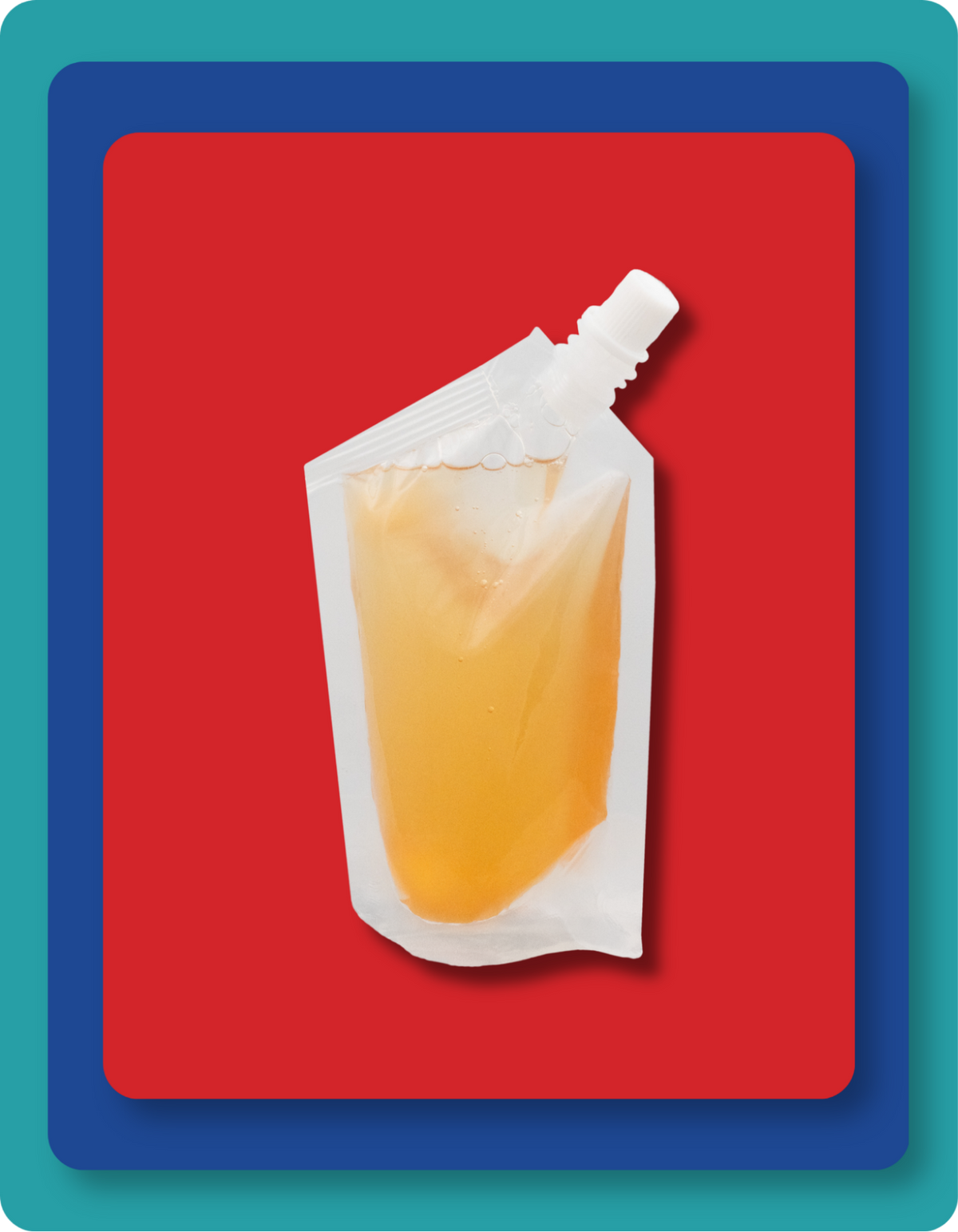 A flexible white squeeze pouch filled with amber-yellow liquid soap, shown against a red background with a blue and teal border.