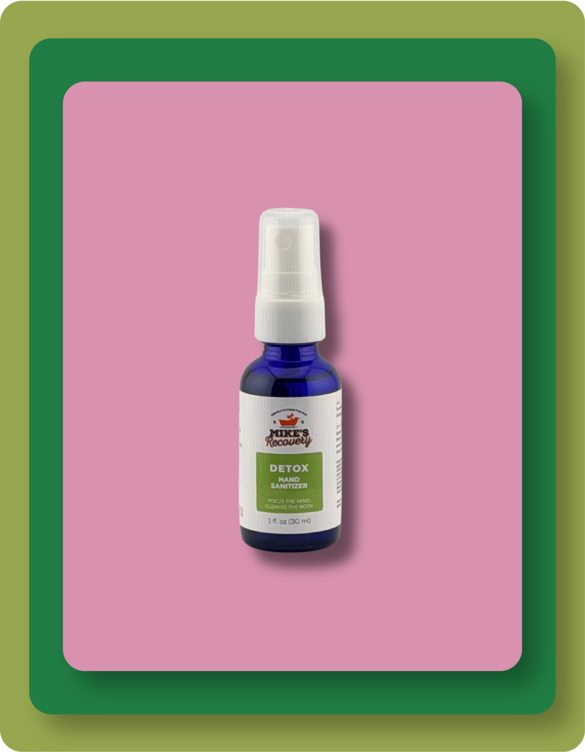 A small blue glass spray bottle labeled Mikes Recovery Detox Sanitizer with a white spray top and white label, centered on a pink background with green and orange border frames.