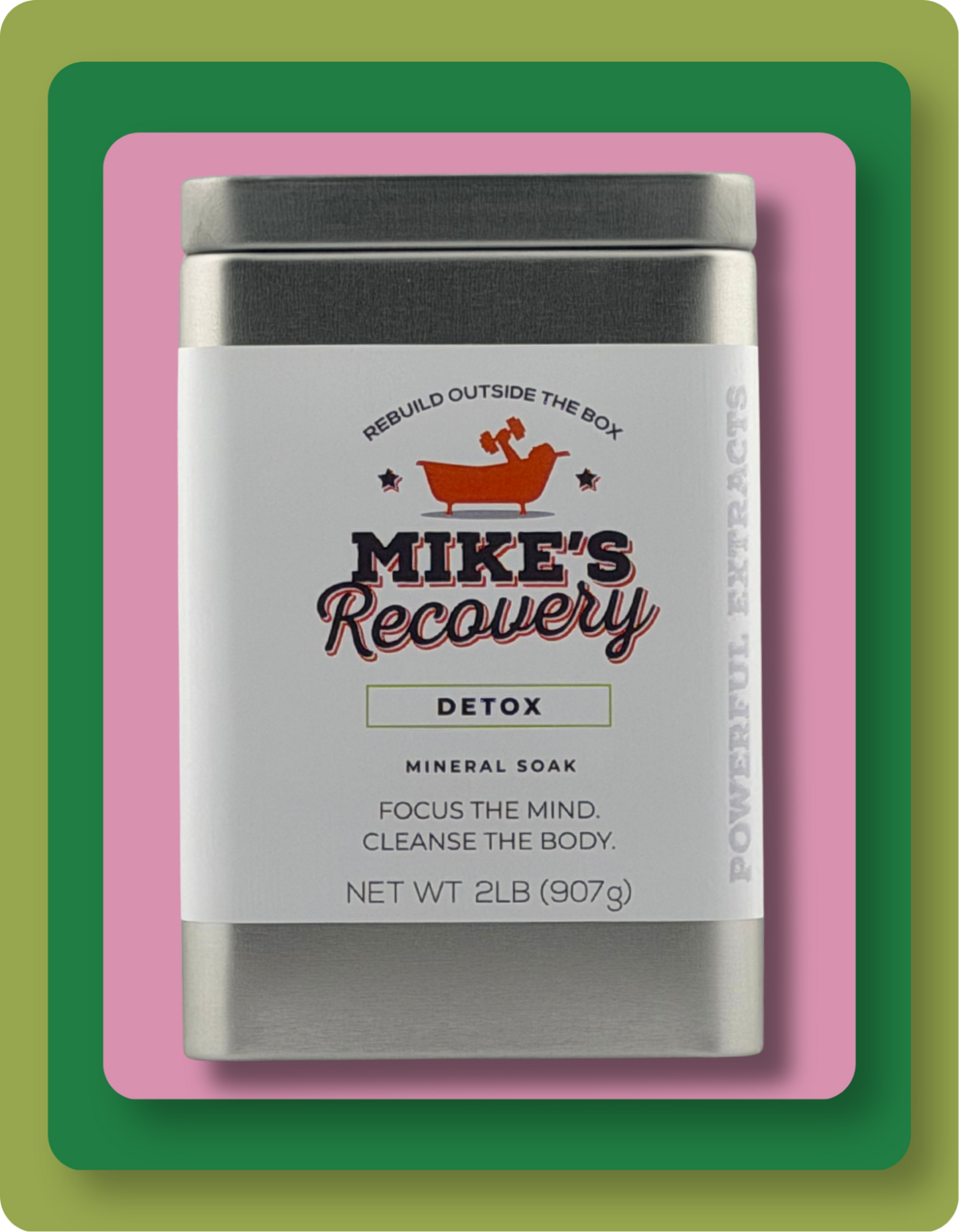 A silver metal tin of Mike's Recovery Detox Mineral Soak, centered on a pink and green layered background with an orange outer border.