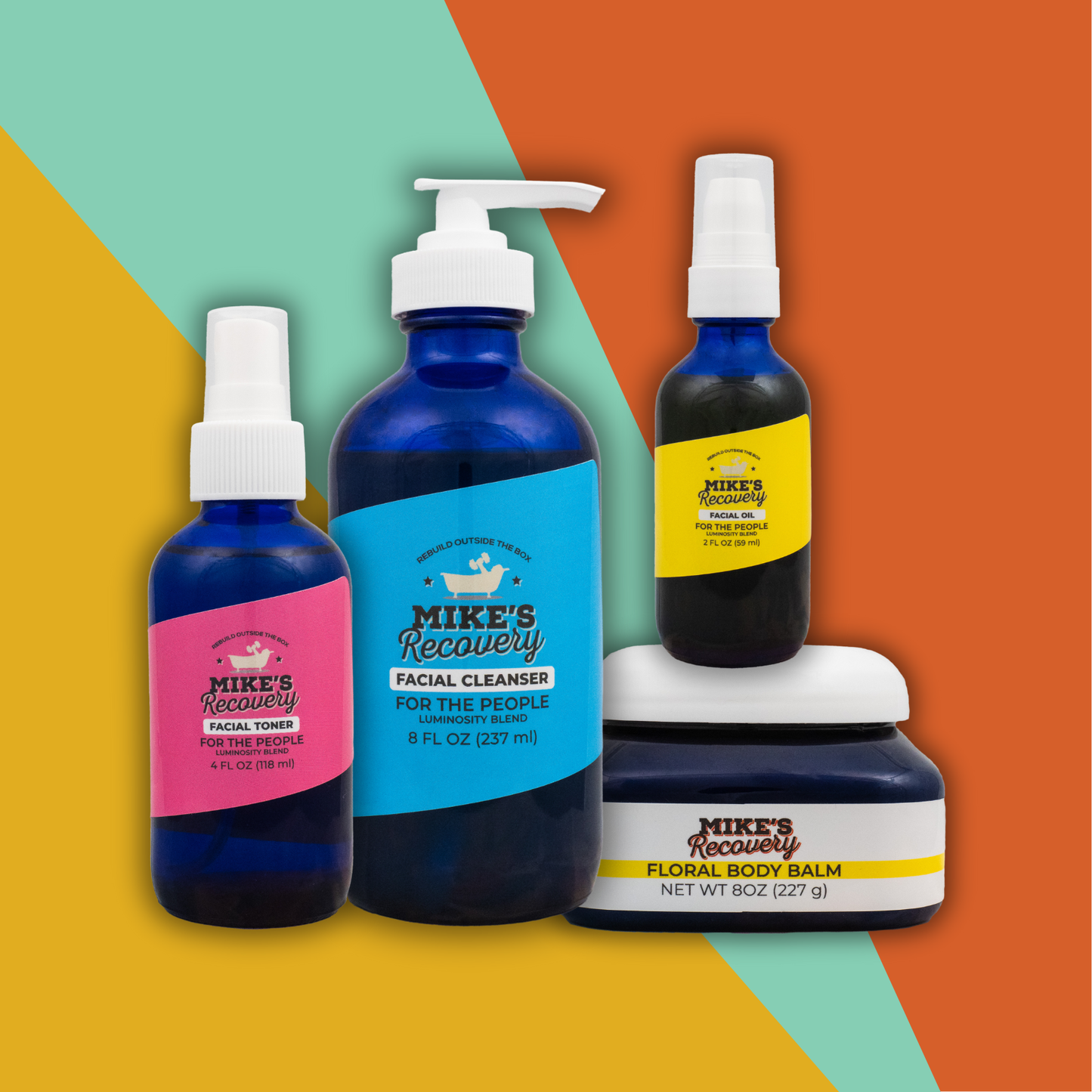 Product photo including facial toner, facial cleanser, facial oil, and body balm