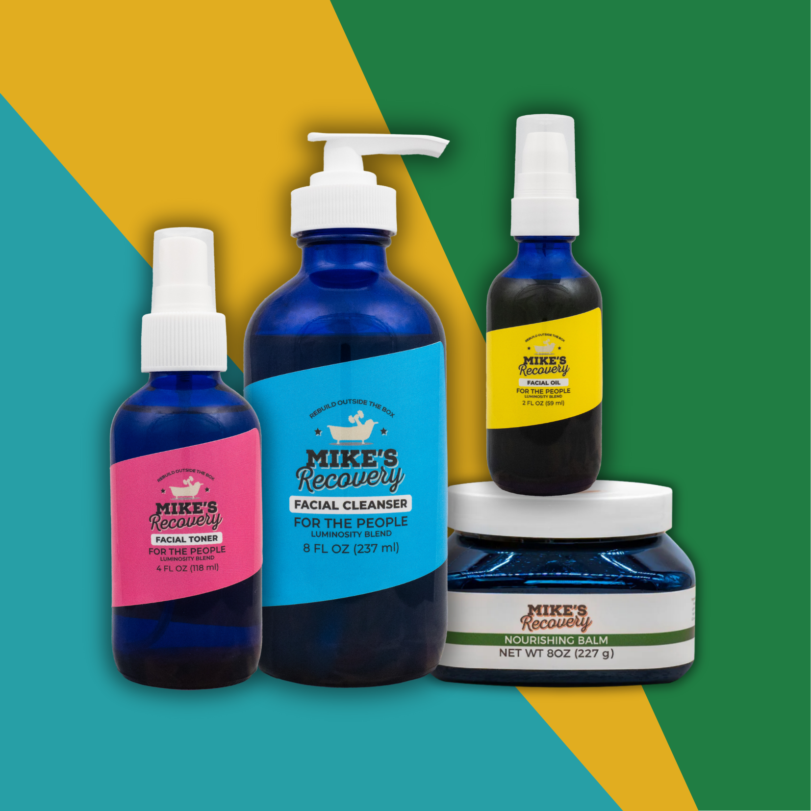 Product photo including Mike's Recovery facial toner, cleanser, oil, and nourishing balm