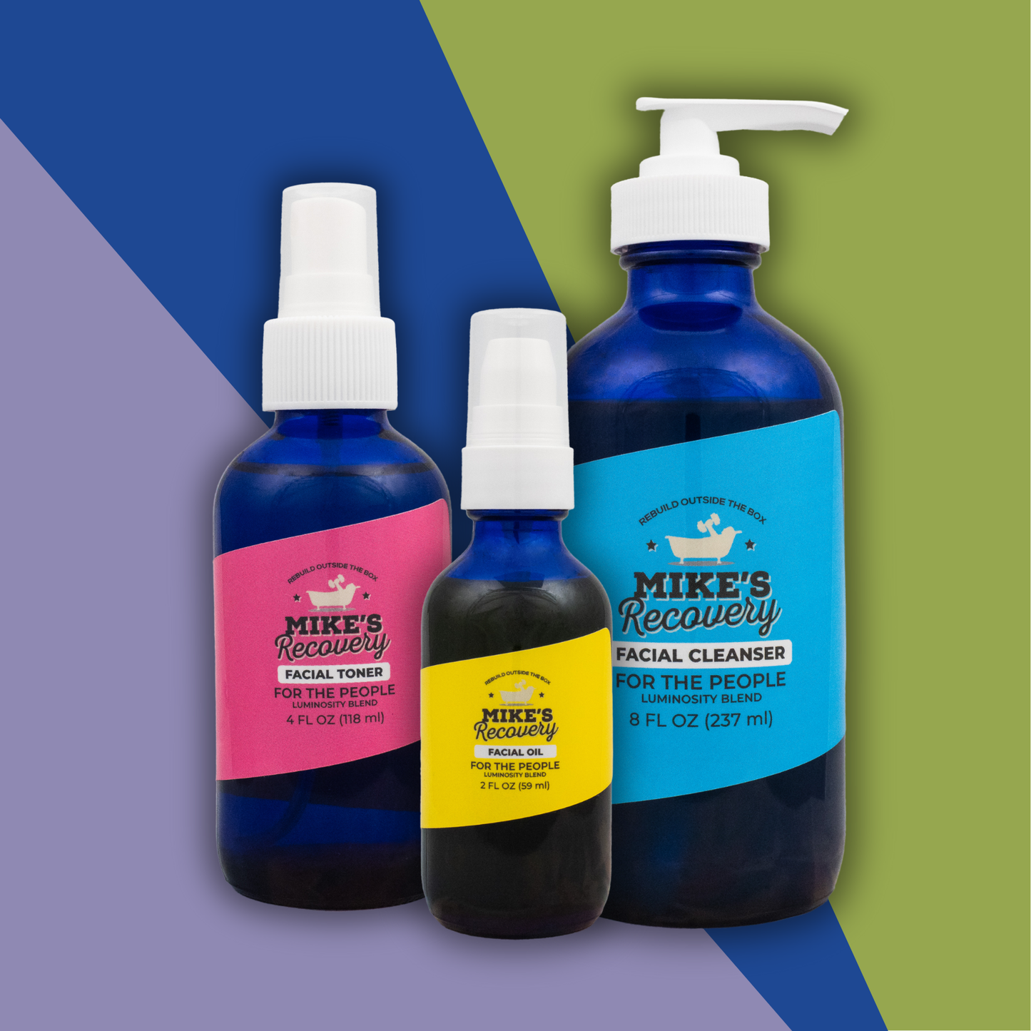 Product combination photo including facial toner, cleanser, and oil in the Luminosity blend