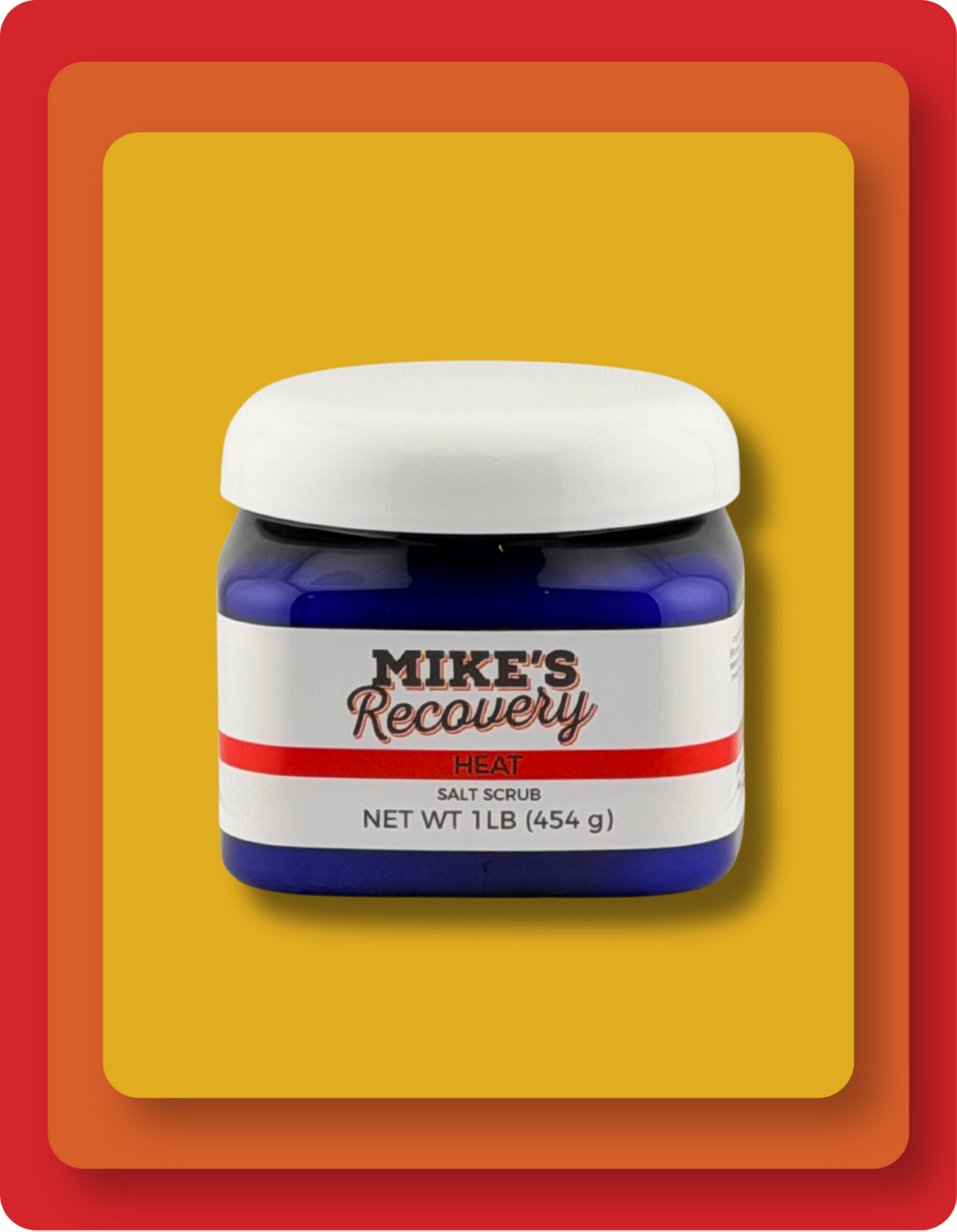 A jar of Mike's Recovery Heat Salt scrub  with a blue container, white lid, and white label with red and black text, set against a yellow and orange graphic background.
