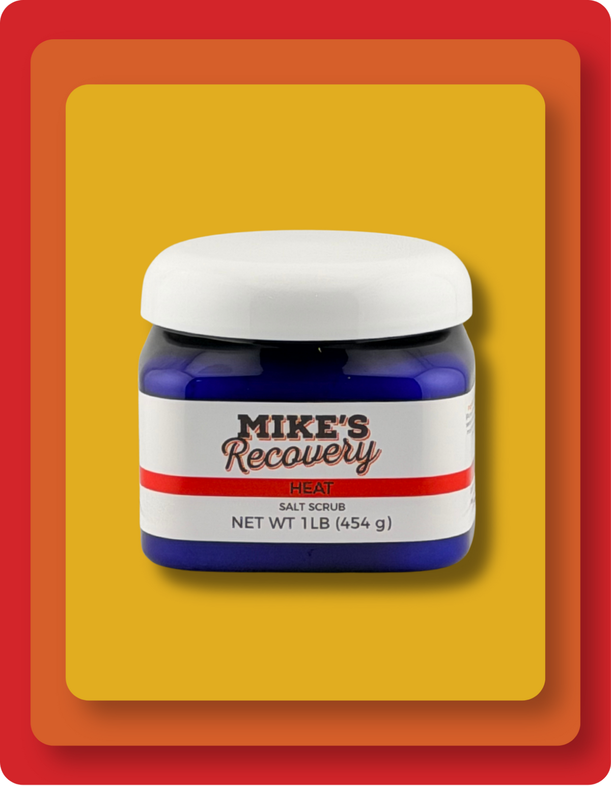 A jar of Mike's Recovery Heat Salt scrub  with a blue container, white lid, and white label with red and black text, set against a yellow and orange graphic background.
