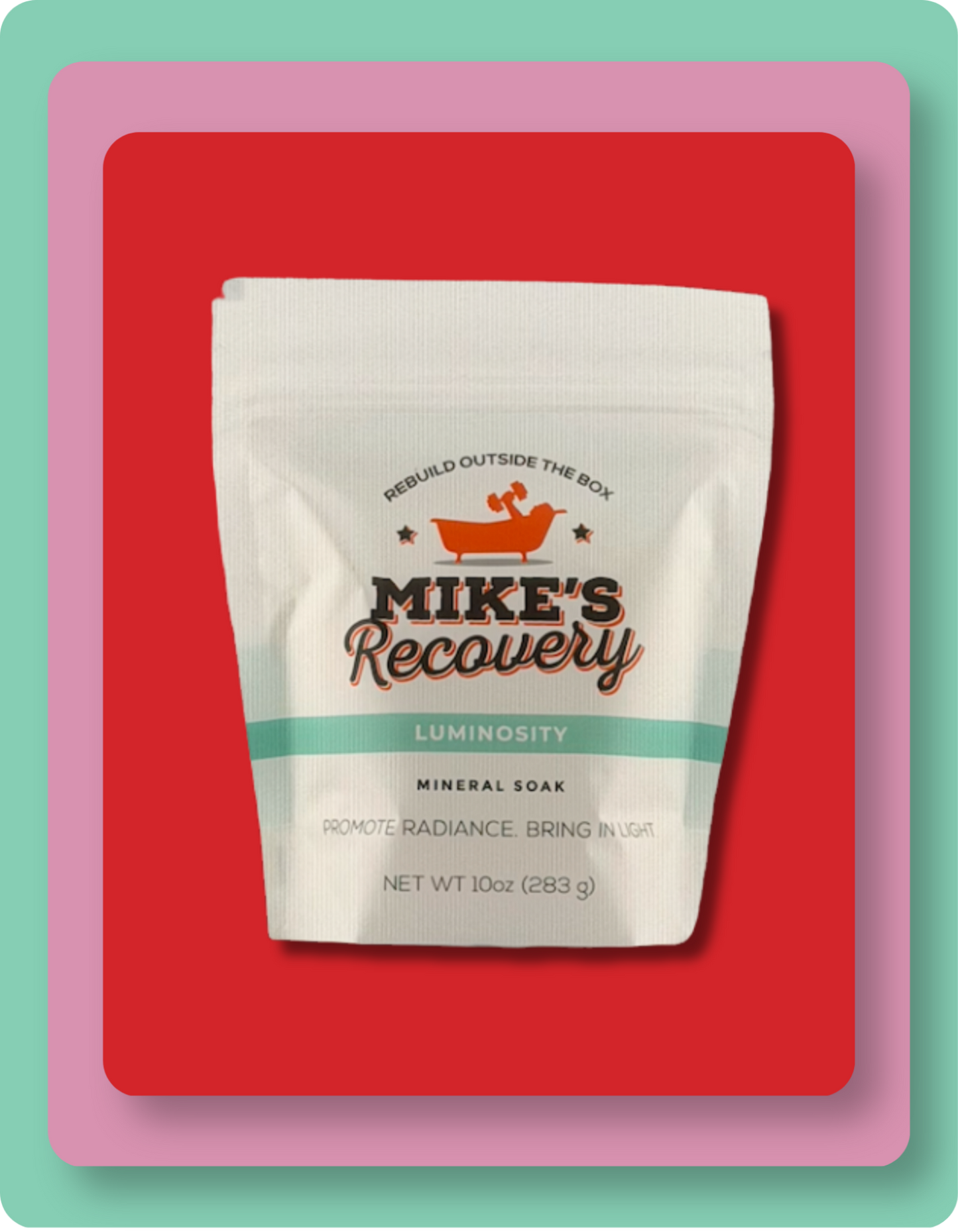 A stand-up pouch of Mike's Recovery Luminosity Mineral Soak, shown on a red background with a pink and teal border.