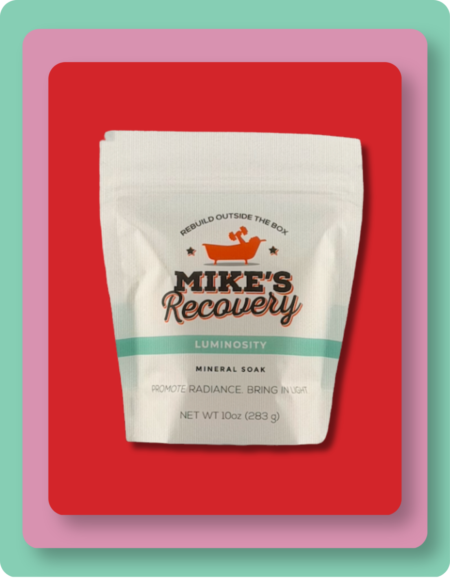 A stand-up pouch of Mike's Recovery Luminosity Mineral Soak, shown on a red background with a pink and teal border.