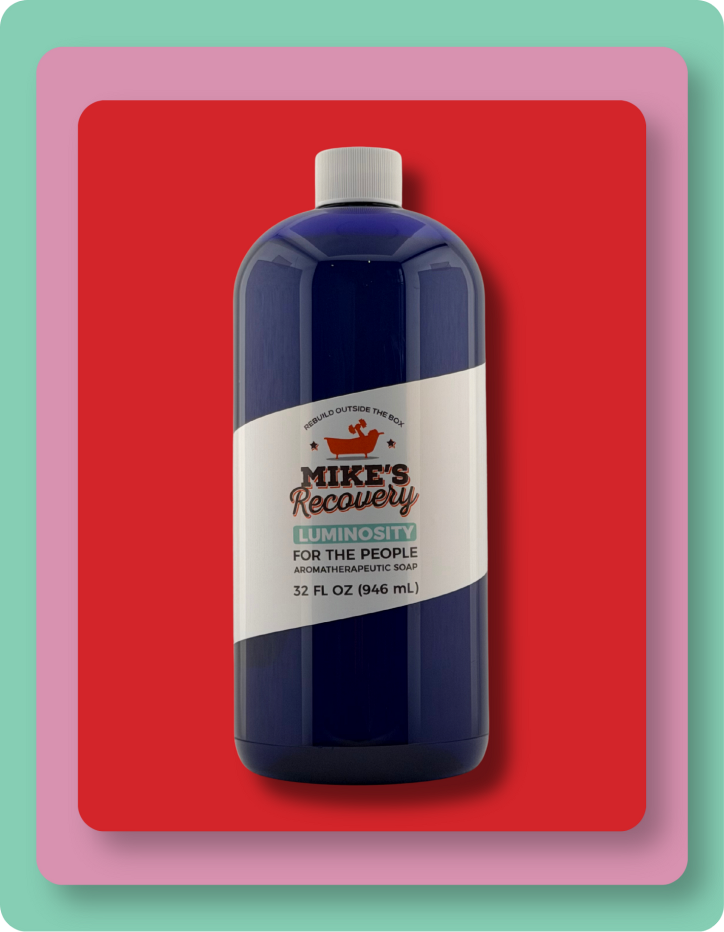 A 32oz bottle of Mike's Recovery Luminosity Hand and Body Soap featuring a dark blue bottle, white cap, and a white label with red and blue text, set against a red background with a pink and green border.