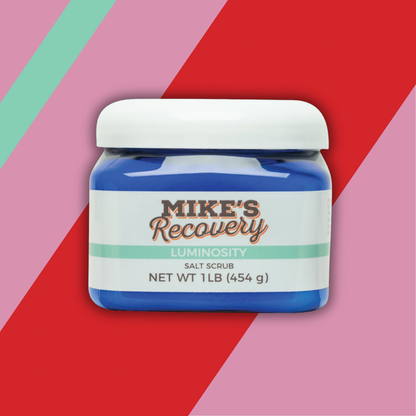 A small tub of Mike's Recovery Luminosity Salt Scrub