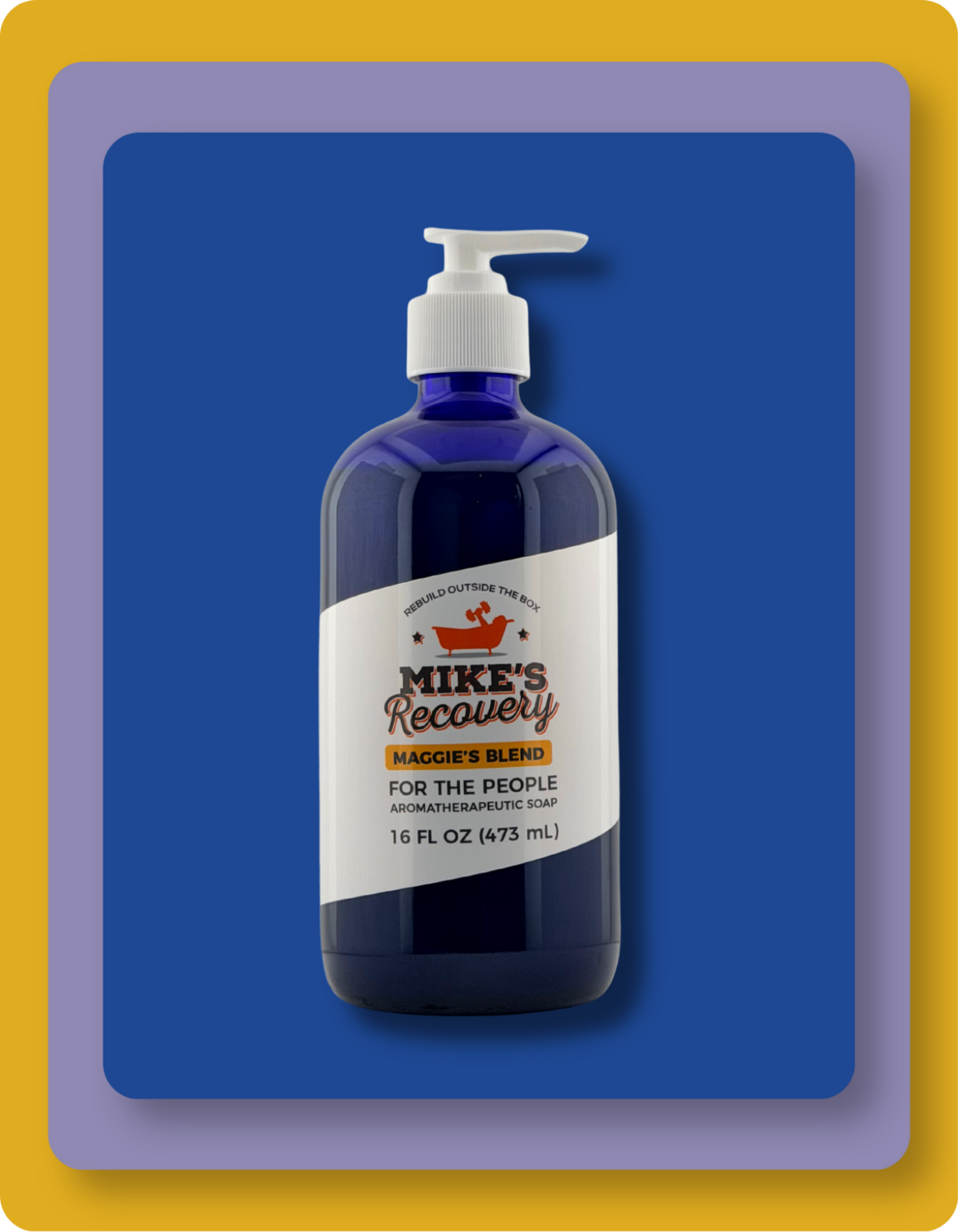 A 16 fl oz pump bottle of Mike's Recovery Maggie's Blend Aromatherapeutic Soap, set against a blue background with a purple and yellow frame.