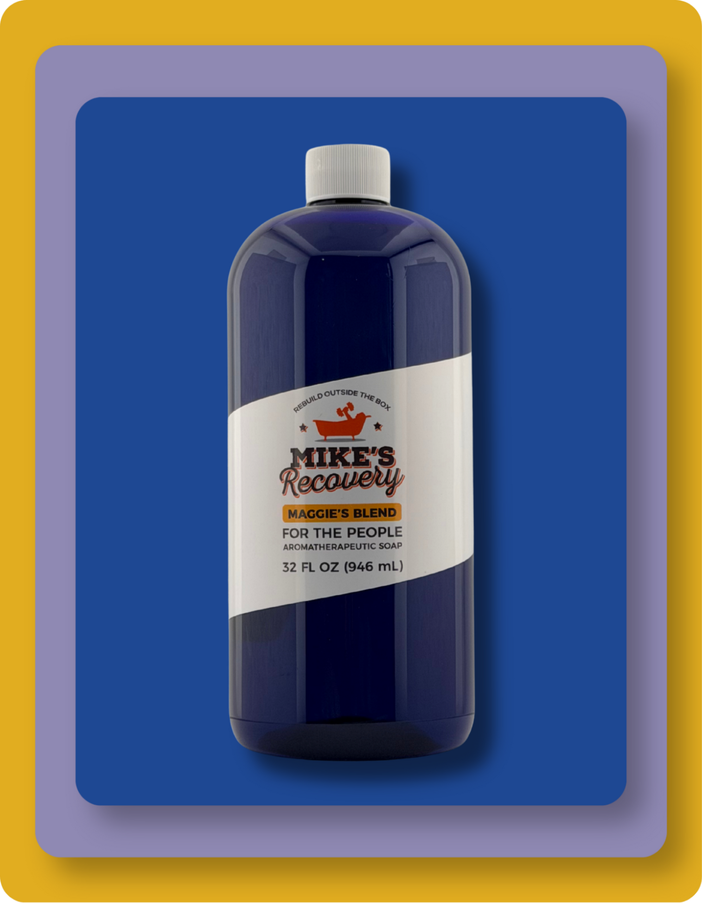 A 32 fl oz bottle of Mike's Recovery Maggies Blend Natural Soap, shown on a blue background with a yellow and purple border.