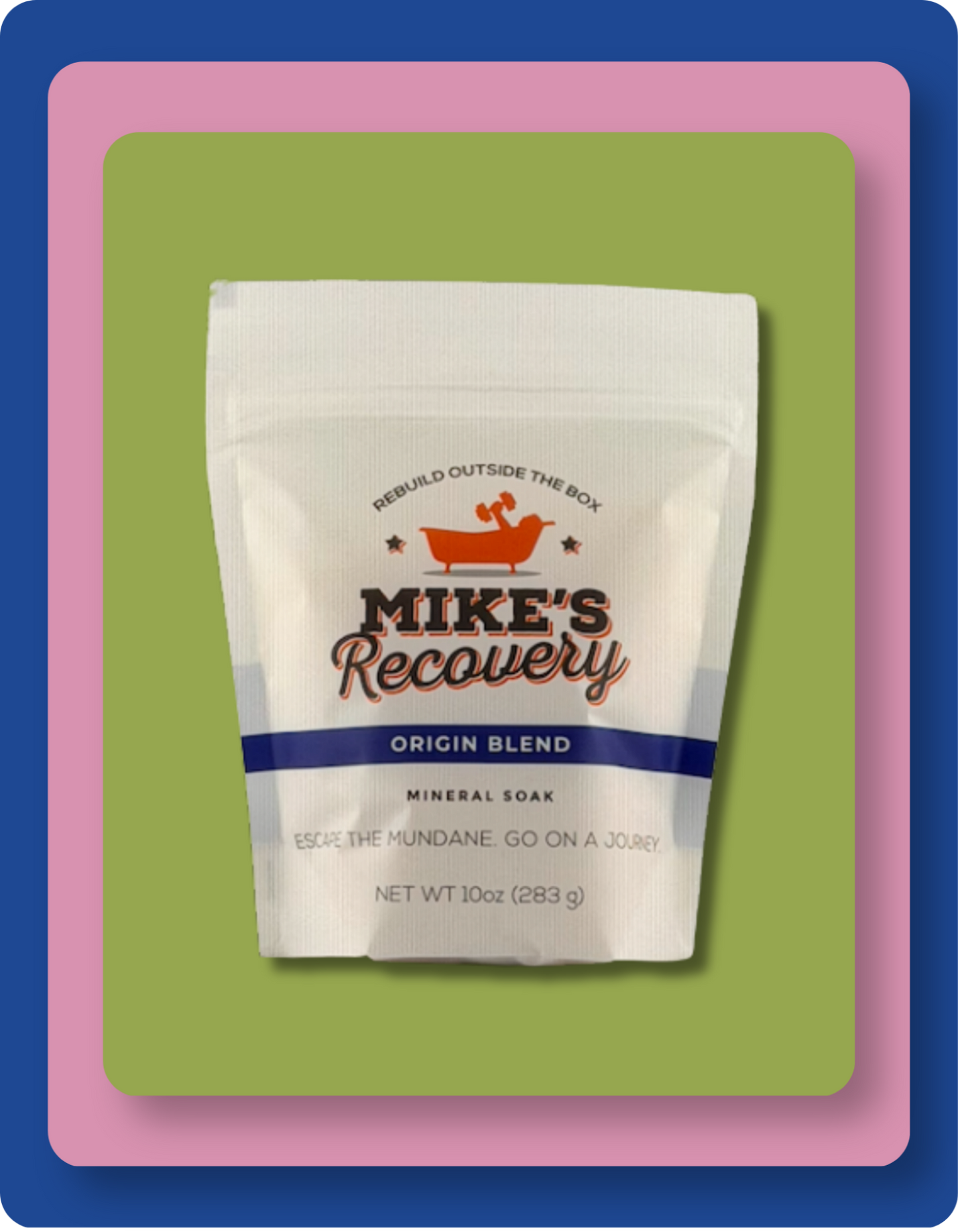 A stand-up pouch of Mike's Recovery Mineral Soak 'Origin Blend' centered on a green background with a pink and blue border. The pouch is white with orange and blue text and graphics.