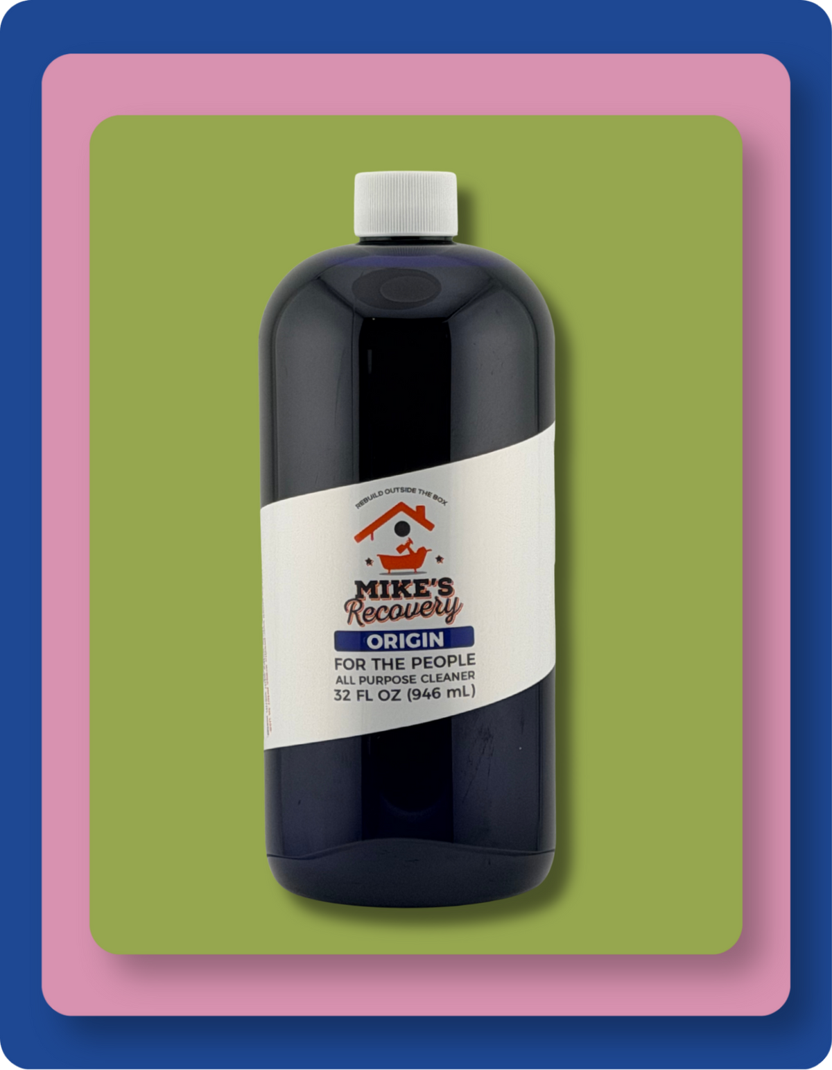 A 32 fl oz bottle of Mike's Recovery Origin all-purpose cleaner, featuring a dark translucent bottle, white cap, and a white label with a blue and red logo, set against a green and pink graphic background.