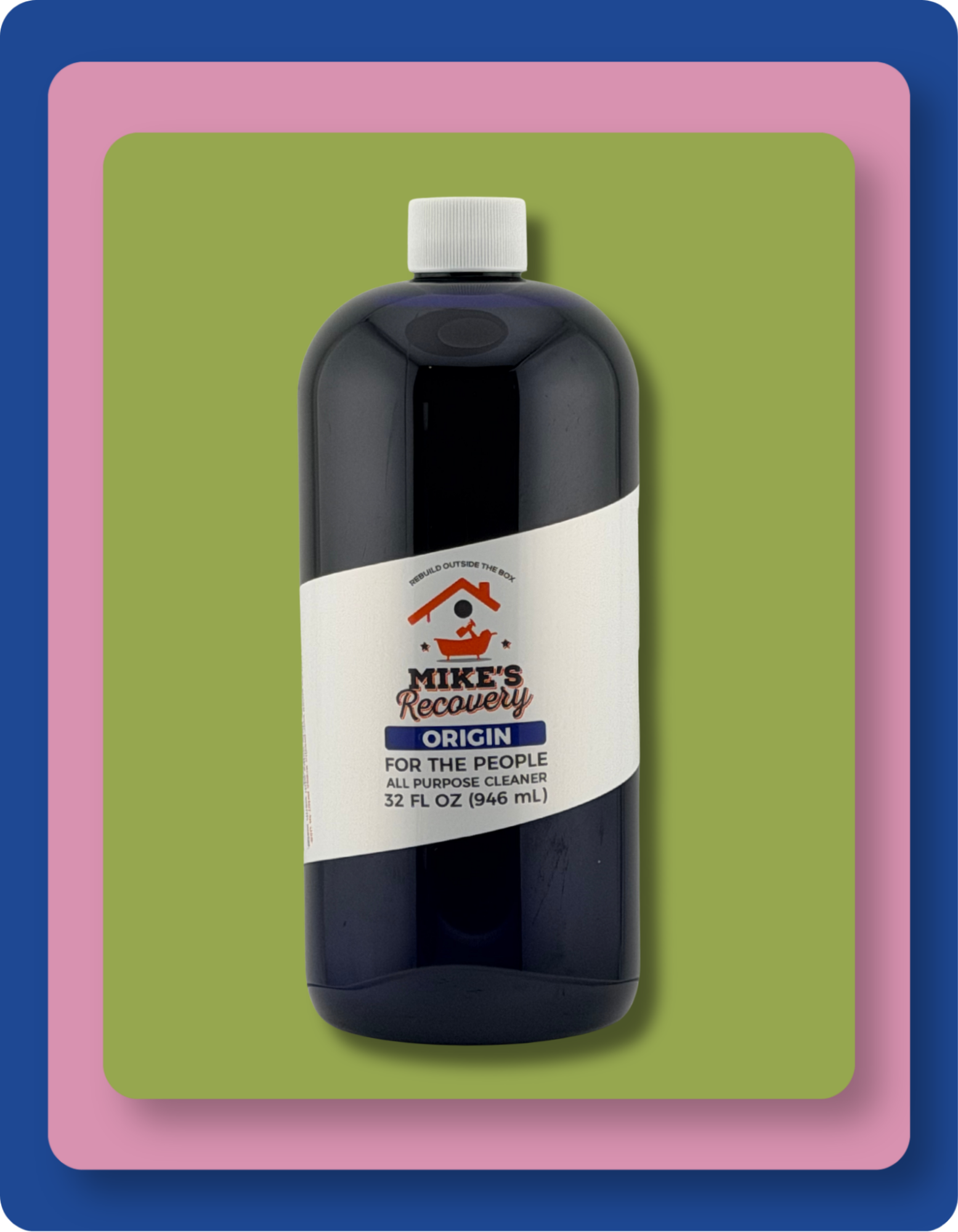 A 32 fl oz bottle of Mike's Recovery Origin all-purpose cleaner, featuring a dark translucent bottle, white cap, and a white label with a blue and red logo, set against a green and pink graphic background.