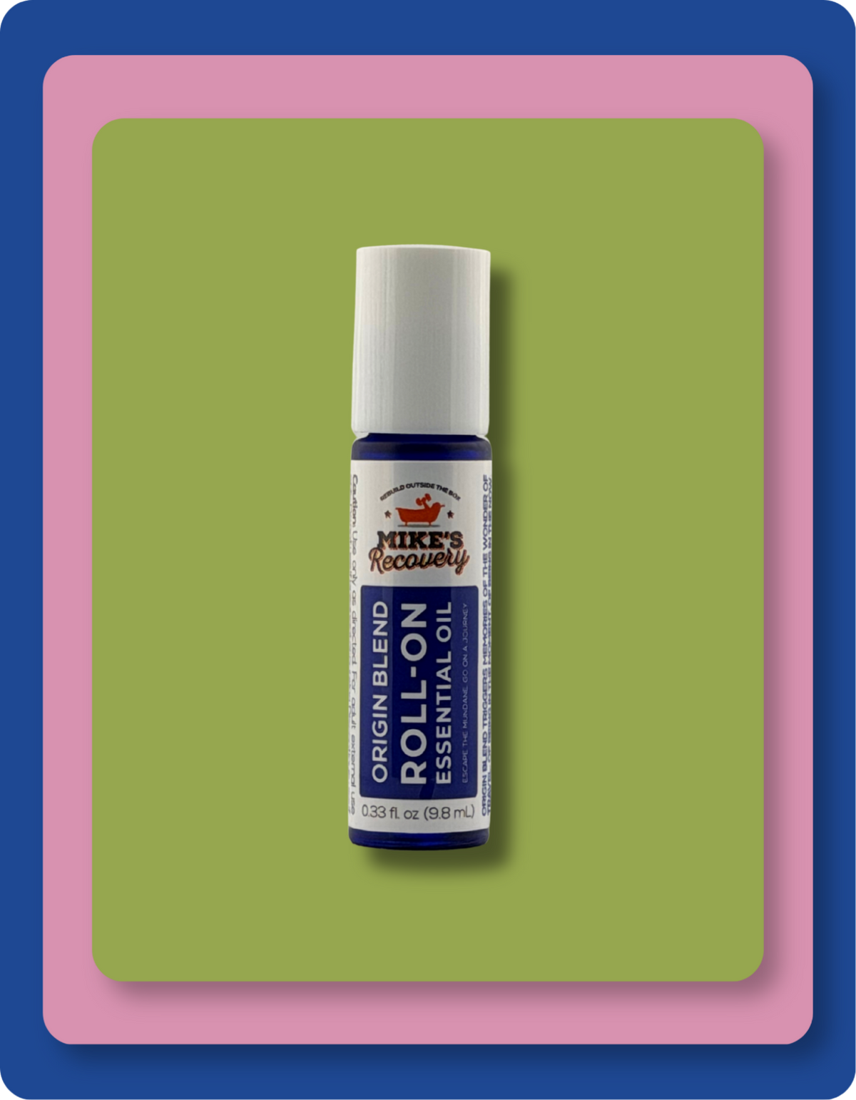 A small essential oil roll-on bottle labeled 'Mike's Recovery' stands centered on a green rounded rectangle background with a pink and blue border around the image.