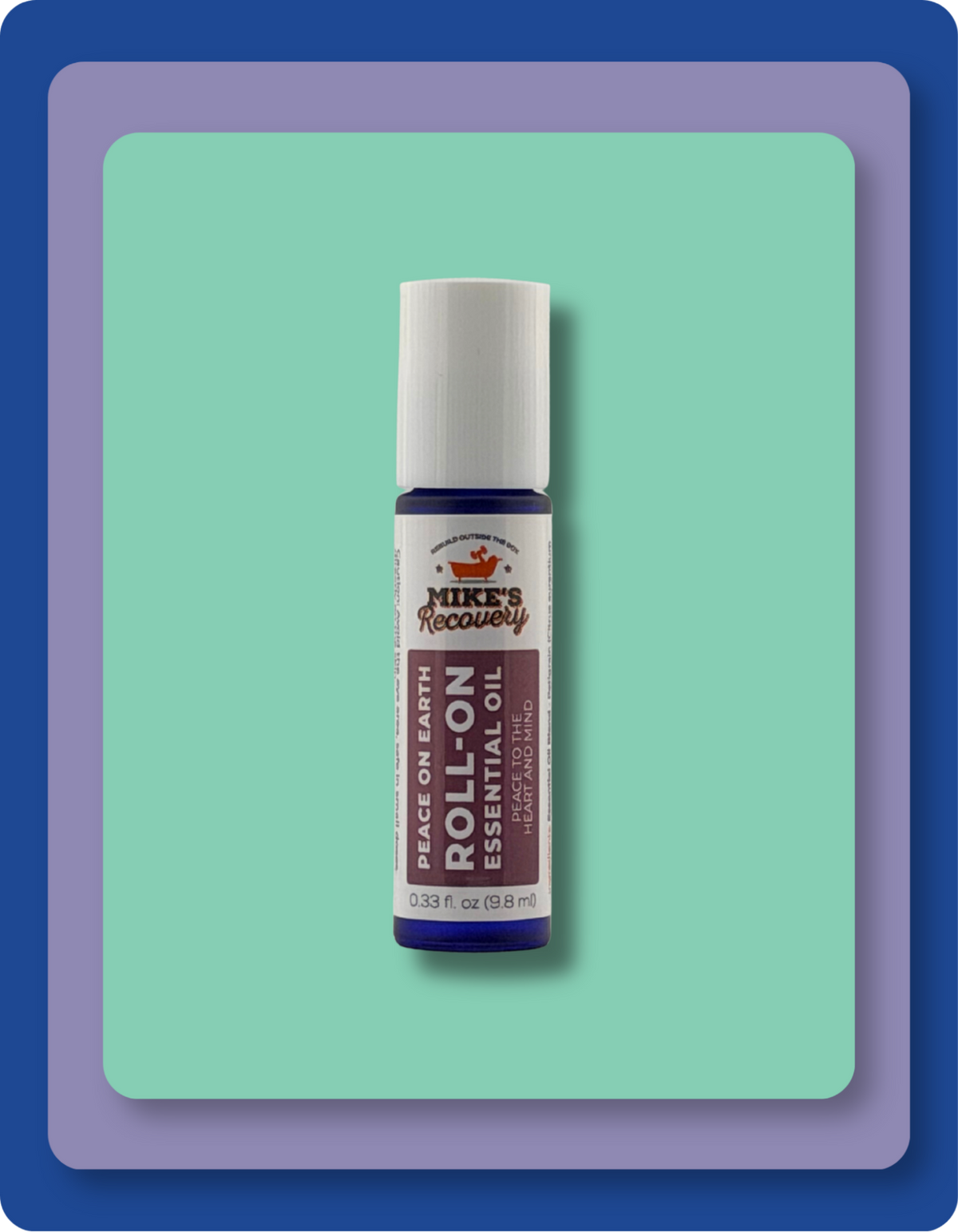 Mike's Recovery Peace on Earth Roll-On Essential Oil bottle, 10 ml, featuring a white cap and a label with purple and white sections, set against a mint green card on a blue background.