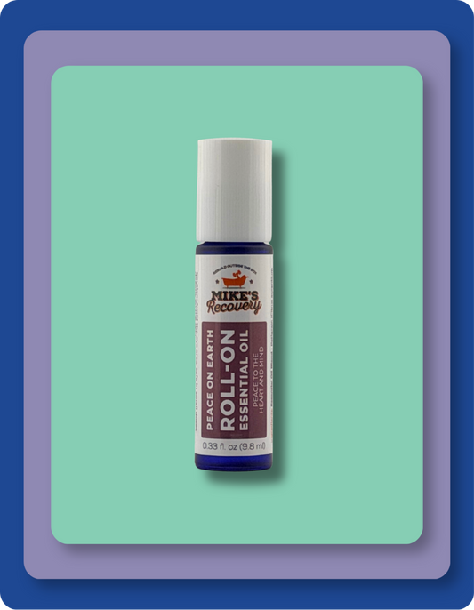 Mike's Recovery Peace on Earth Roll-On Essential Oil bottle, 10 ml, featuring a white cap and a label with purple and white sections, set against a mint green card on a blue background.