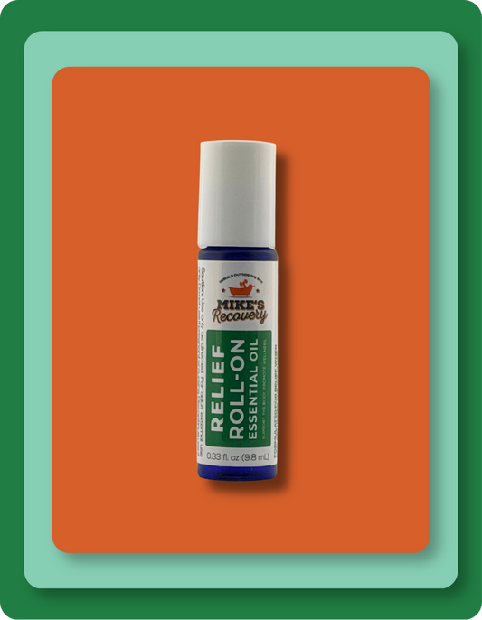A Mike's Recovery Relief Roll-On essential oil bottle with a white cap, blue base, and white/green label, centered on an orange square background with green and teal layered borders.