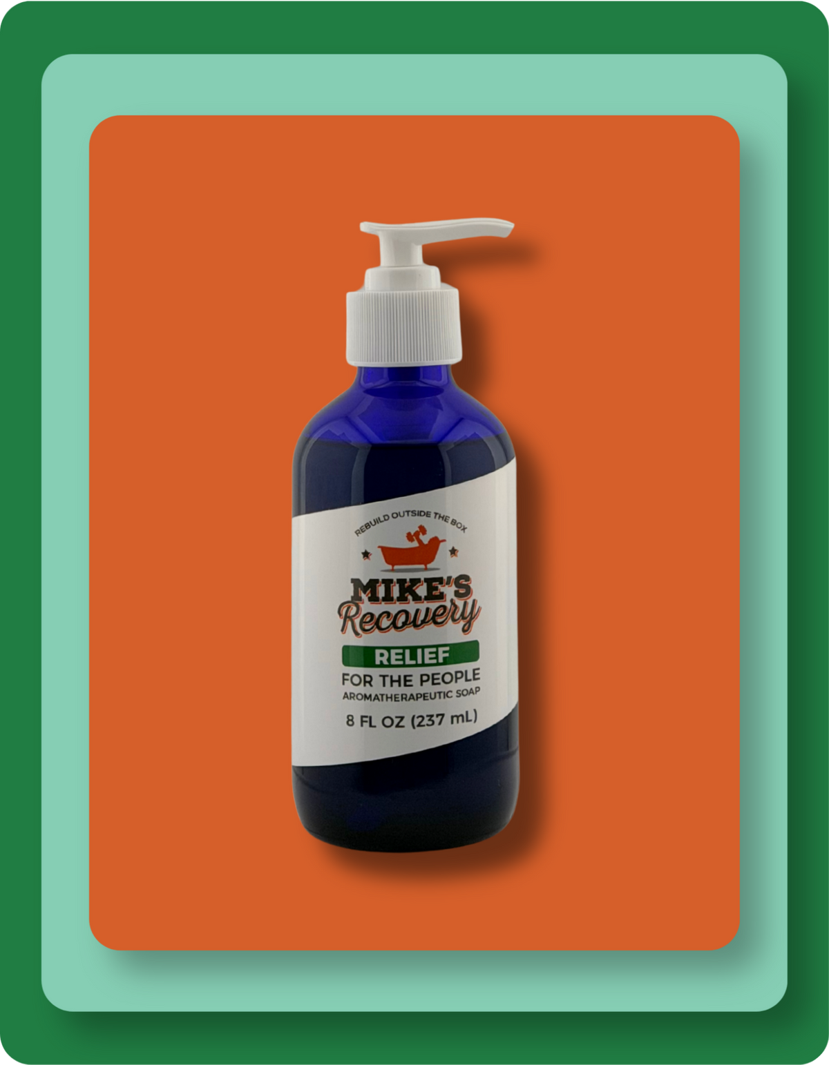 A blue pump bottle of Mike's Recovery Relief Aromatherapy Soap centered on an orange background with layered green and teal borders.