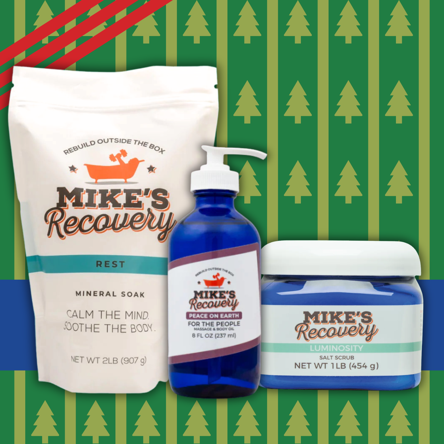 Mike's Recovery product set with a green and blue patterned background