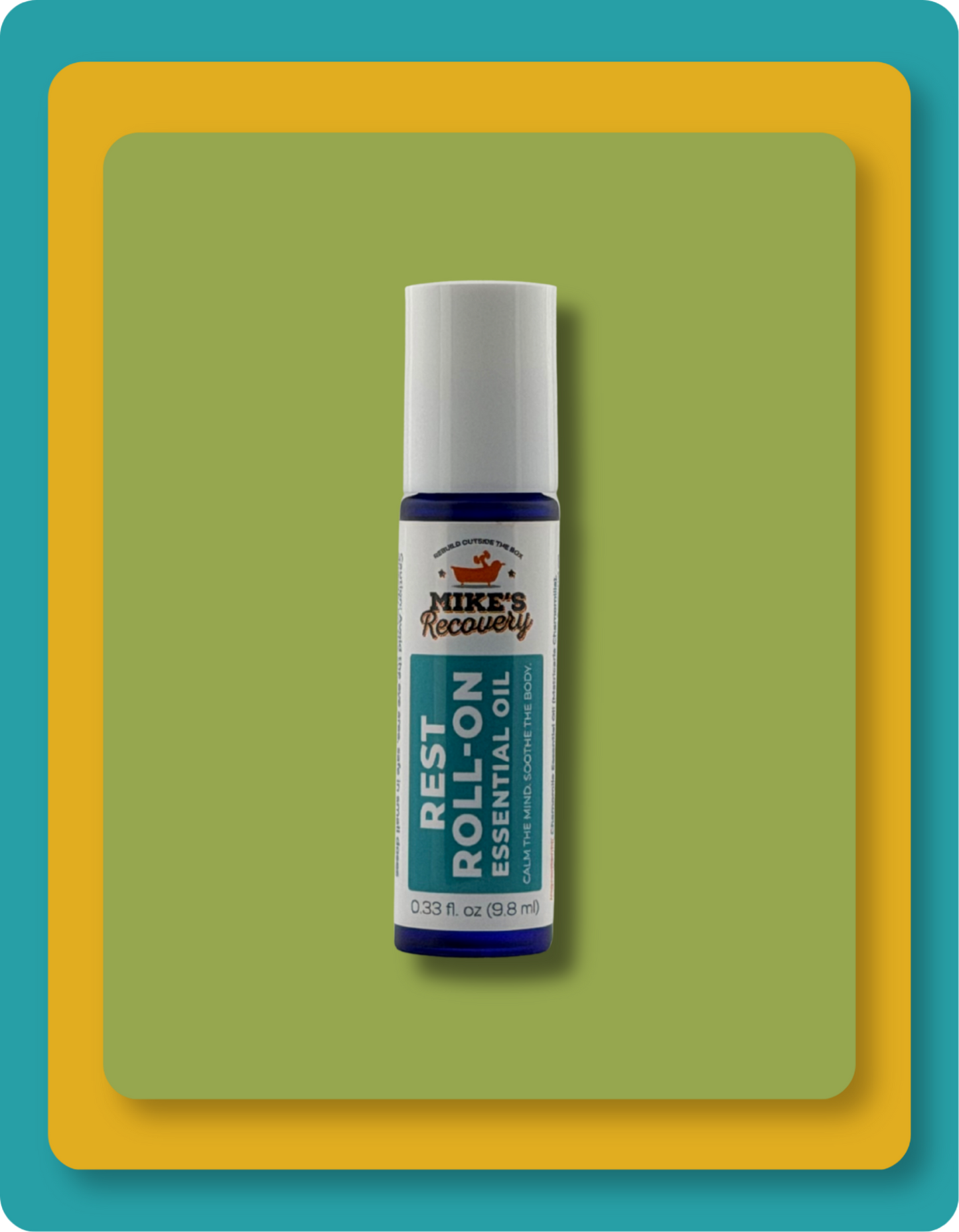 A small essential oil roll-on bottle labeled Mike's Recovery Rest Roll-On Essential Oil, centered on a green rounded rectangle with a yellow-orange border.