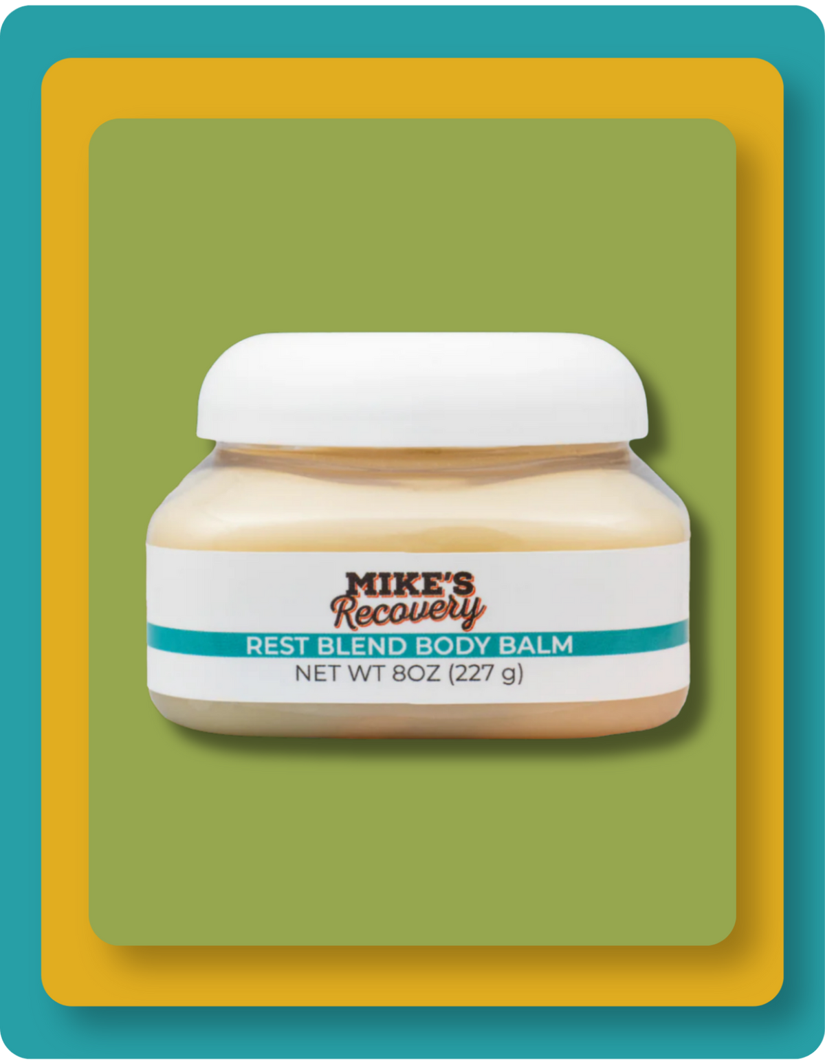 A jar of Mike's Recovery Rest Blend Body Balm with a white cap and white label, set against a green and yellow graphic background.
