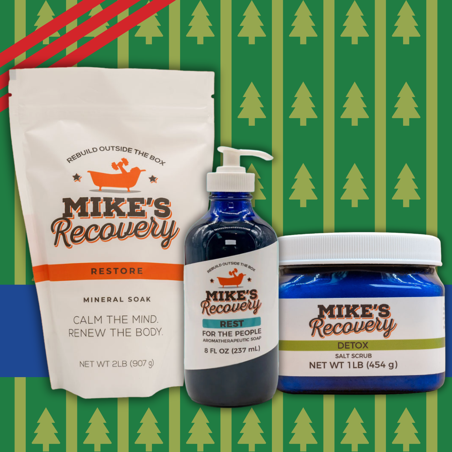 Mike's Recovery product set including a pouch, bottle, and jar on a green background with tree patterns.