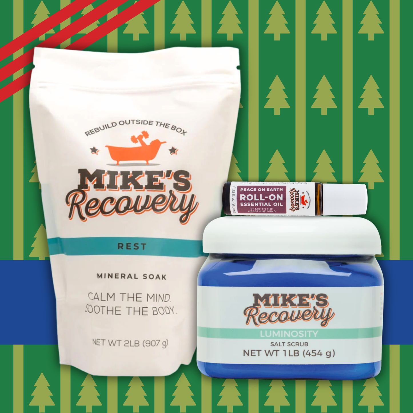 Mike's Recovery products including a mineral soak, salt scrub, and roll-on essential oil on a green background with tree pattern.