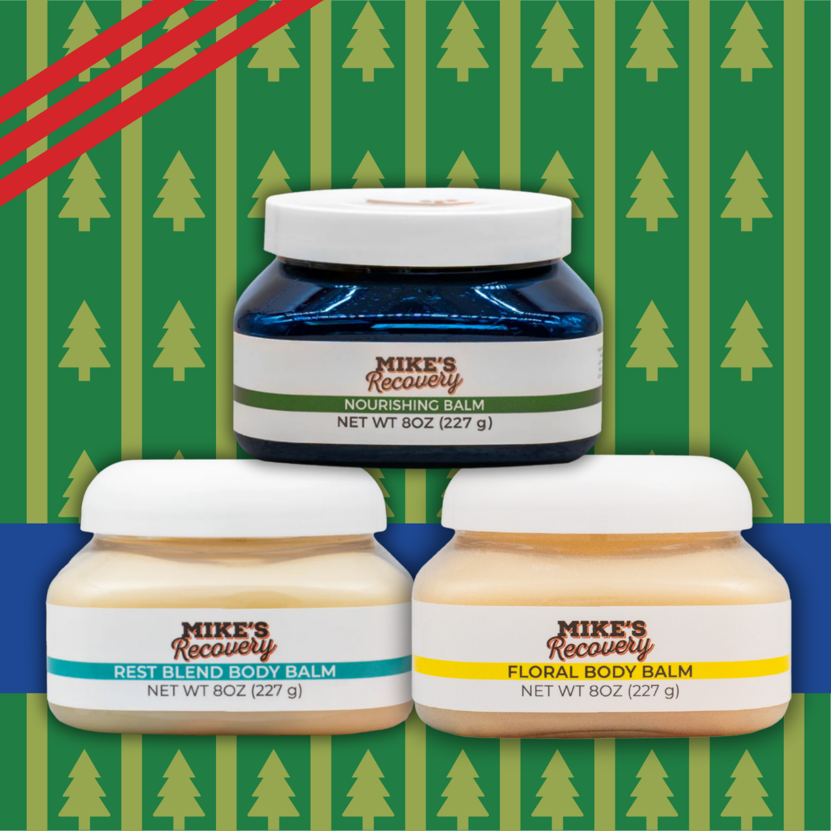 Three jars of Mike's Recovery body balm on a green background with tree patterns.
